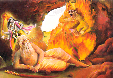 Re Muchukunda incenerisce con il suo sguardo Kalayavana che lo aveva svegliato con un calcio mentre dormiva in una caverna.
