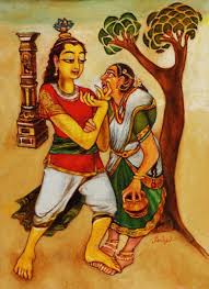 Disegno di Trivikra che donò molto volentieri a Krishna la pasta di sandalo che era destinata a Re Kamsa, senza nemmeno pensare alle conseguenze di andare dal Re a mani vuote ed il Signore Krishna si fece quindi avanti, mise i piedi sulla parte anteriore dei piedi della donna gobba e con le dita le sollevò il mento.