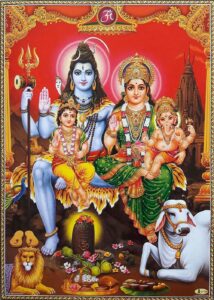 Disegno rappresentante Shiva e Parvati con il loro figlio Kumara